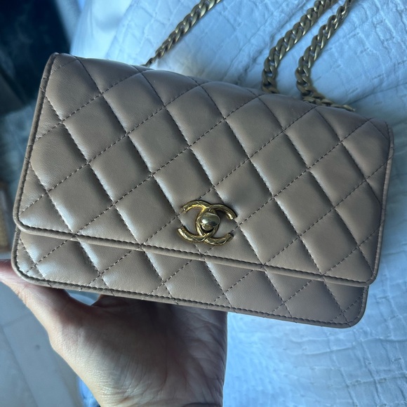 CHANEL Lambskin Quilted Pillow Crush Wallet On Chain WOC Dark Beige - Picture 12 of 12
